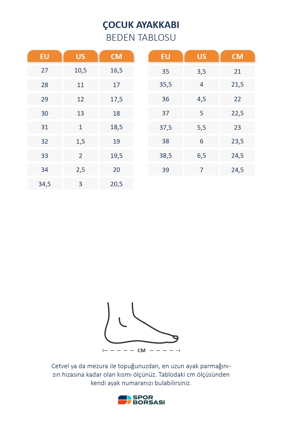 Puma çocuk ayakkabı beden tablosu